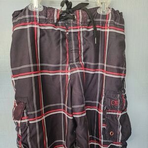 OP Men's Black and Red Plaid Athletic Swim Board Shorts 28-30